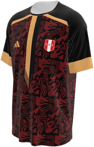 Camisa da seleção do Peru em conceito preto, vermelho e dourado, frente e costas juntas