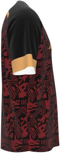Camisa da seleção do Peru em conceito preto, vermelho e dourado, frente e costas juntas