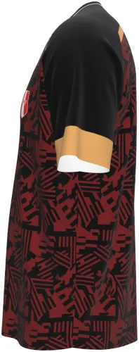 Camisa da seleção do Peru em conceito preto, vermelho e dourado, frente e costas juntas