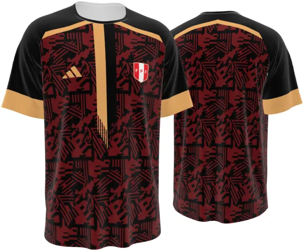 Camisa da seleção do Peru em conceito preto, vermelho e dourado, frente e costas juntas