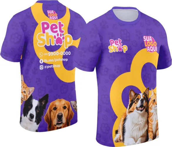Camisa com logo no peito e estampa grande nas costas que traz elementos divertidos e coloridos relacionados a pet shop, combinando estilo e amor pelos animais, perfeita para destacar quem trabalha ou ama o universo pet.