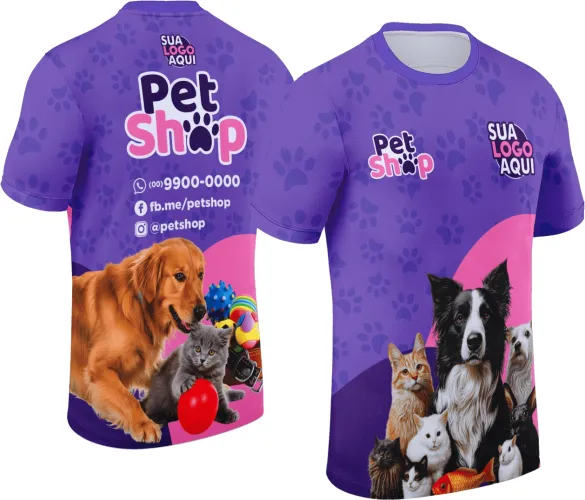 Camisa com logo no peito e estampa grande nas costas mostrando ilustrações de cachorro e gato em estilo carinhoso, perfeita para fãs de animais e ambientes pet shop.