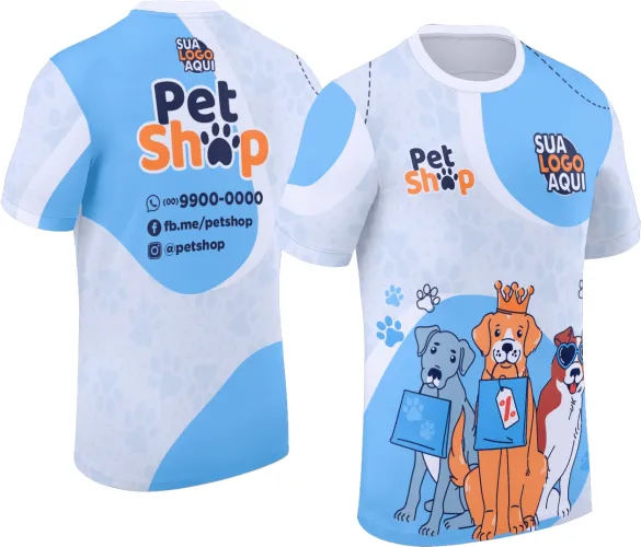Arte para camisa de pet shop com tema animal, perfeita para uniformes e camisetas do setor pet.