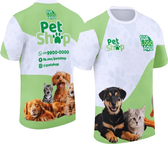 Camisa com logo no peito e estampa grande nas costas ilustrando cuidados essenciais para pets, design moderno e vibrante, ideal para quem ama e cuida dos animais com todo carinho.