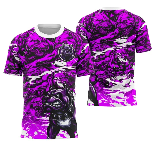 Camisa com estampa de pitbulls roxos em várias poses agressivas com fundo preto e branco. Frente traz pitbull grande, escudo do mascote e número 6 com textos INTER CLASSE e JOGADOR. Costas exibem várias cabeças de pitbull em degradê roxo e preto.