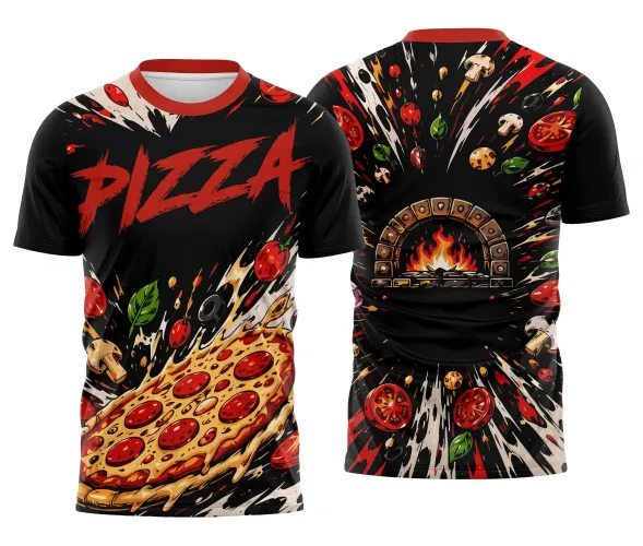 Camisa preta com detalhes vermelhos, exibindo logo no peito e estampa grande nas costas com lettering estilizado de pizza, perfeita para quem ama o universo pizzaiolo.