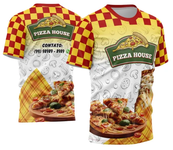 Camisa com logo no peito e estampa grande nas costas com design exclusivo para profissionais de pizzaria, com elementos que remetem à paixão pela pizza e ao estilo trabalhador da profissão.