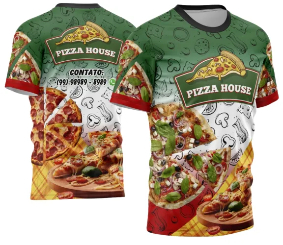 Camisa com logo no peito e estampa grande nas costas exibindo design inspirado no universo da pizzaria, perfeita para quem valoriza profissionalismo e estilo em um visual moderno e atraente.