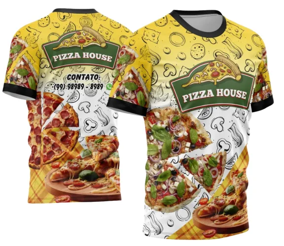 Imagem de camisa com logo no peito e estampa grande nas costas destacando tema de pizzaria com elementos gráficos atraentes e cores vibrantes, ideal para quem ama o estilo profissional da culinária em destaque.