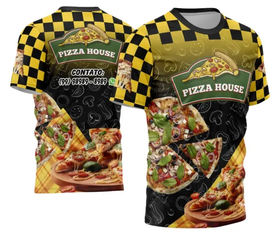 Camisa com logo no peito e estampa grande nas costas, destacando elementos da profissão de pizzaiolo com design moderno e vibrante, perfeita para quem ama a arte de fazer pizzas.