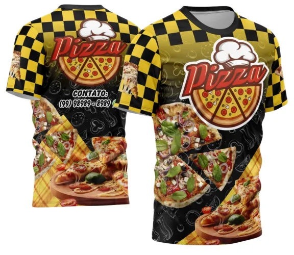 Camisa com logo no peito visível e estampa grande nas costas destacando o tema pizzaria com design moderno e atraente, perfeita para quem gosta de estilo autêntico e profissional.