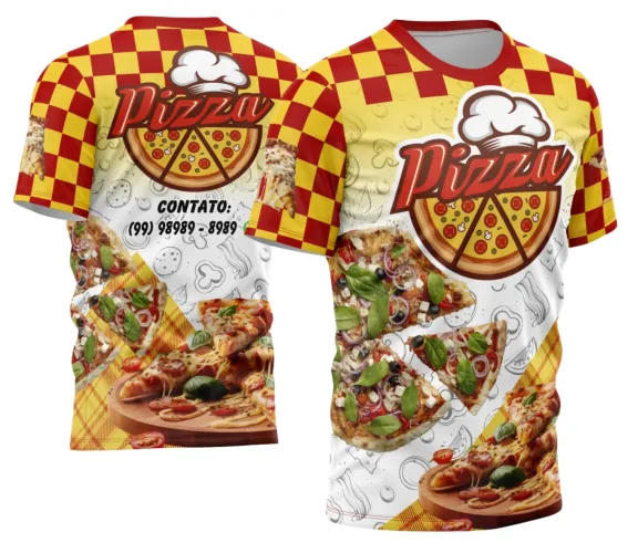 Camisa com logo no peito evidenciando o tema pizzaria e um grande desenho estampado nas costas mostrando elementos da profissão de pizzaiolo com estilo moderno e vibrante.