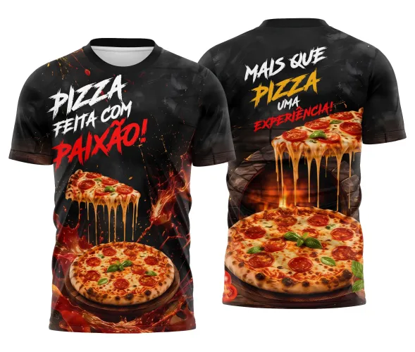 Camisa com logo no peito mostrando um desenho realista de pizza e estampa grande nas costas com detalhes que ressaltam a paixão pela arte da pizza feita à mão