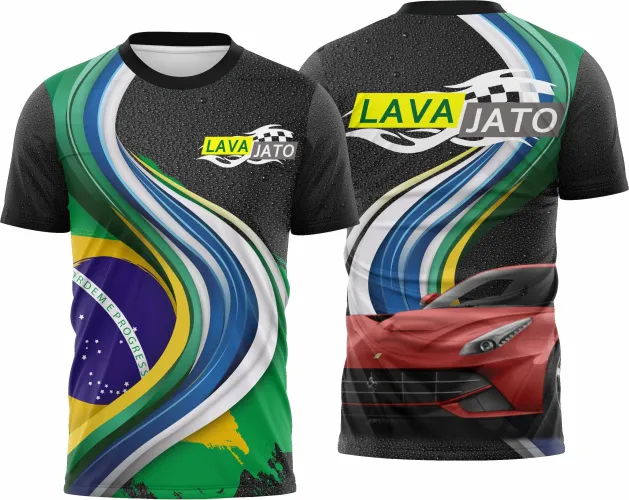 Camisa com logo no peito e estampa grande nas costas mostrando detalhes inspirados em polimento e vitrificação, design moderno e atraente para quem busca estilo e qualidade na estampa final.
