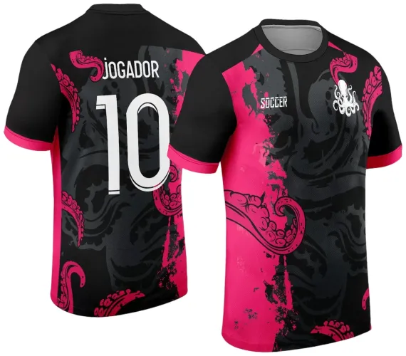 Camisa preta e rosa com figura central de polvo agressivo branco e rosa na frente. Nas costas, polvo maior em preto e rosa com textos JOGADOR e número 10 em branco.