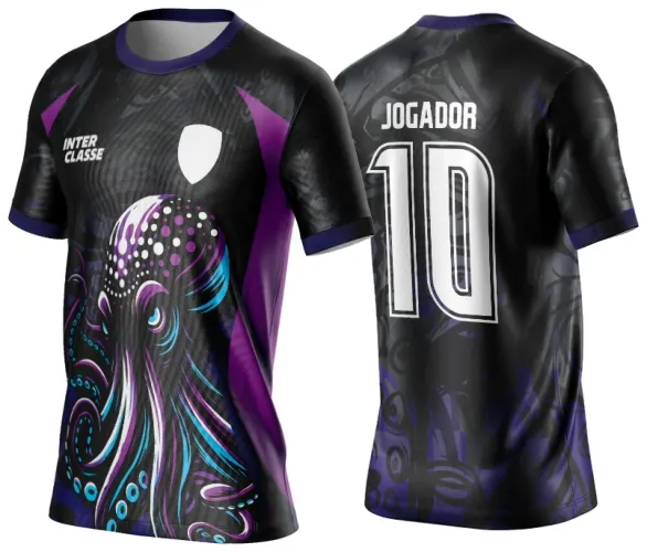 Camisa preta com detalhes roxos e azul escuro, polvo estilizado em roxo e azul na frente, texto INTER CLASSE, escudo branco, costas com padrão de polvo em roxo, número 10 grande e nome JOGADOR em branco.