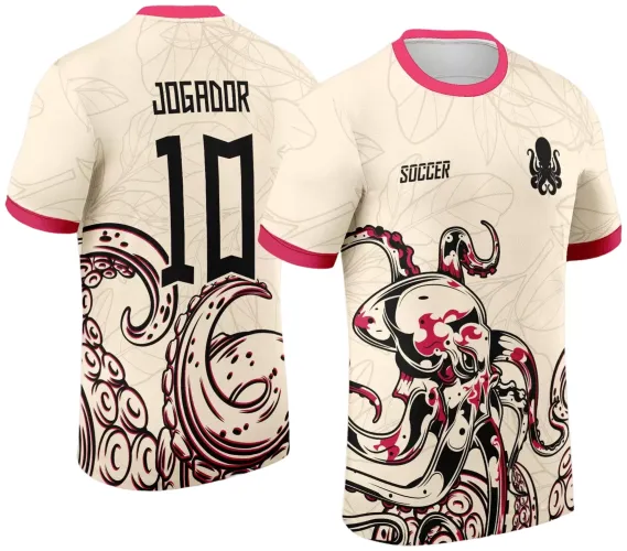Camisa em tom bege com gola e mangas vermelhas, grande polvo ornamental preto e vermelho na frente com texto 'SOCCER' e pequeno polvo no peito, costas mostram tentáculos do polvo com número 10 e nome 'JOGADOR' em preto.