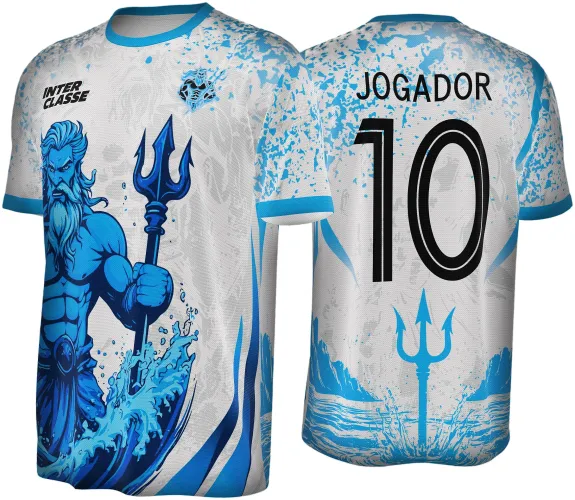 Camisa branca com figura azul de Poseidon segurando tridente na frente, textos INTER CLASSE e pequeno logo, costas com número 10 preto, texto JOGADOR e tridente azul emergindo das ondas abaixo.