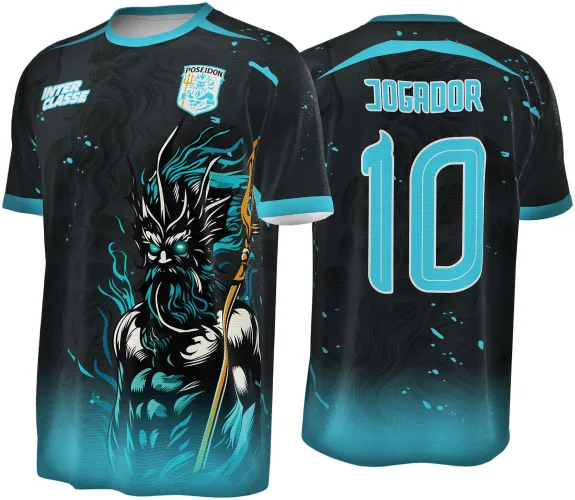 Camisa preta com degradê verde água na barra, figura de Poseidon com tridente na frente e escudo no peito direito, textos INTER CLASSE na frente e JOGADOR com número 10 nas costas, gola e punhos verde água.