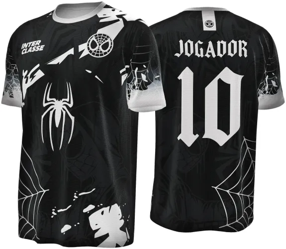 Camisa preta com aranha branca grande na frente e detalhes de teia nos ombros e mangas, texto INTER CLASSE à esquerda. Nas costas, texto JOGADOR acima do número 10, todos em branco sobre fundo preto com mais teias.