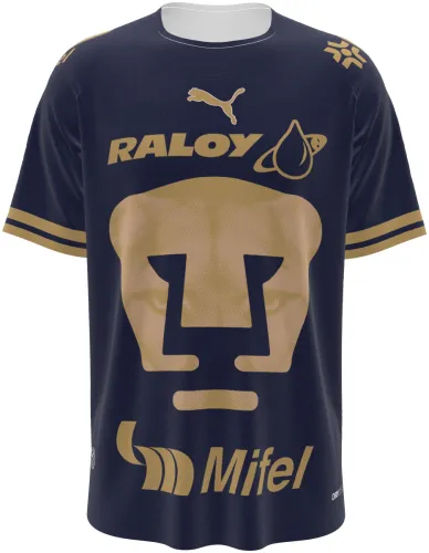 Camisa titular do Pumas UNAM 2026 - 2027 azul-marinho com a cara do puma em dourado, frente e costas