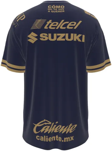 Camisa titular do Pumas UNAM 2026 - 2027 azul-marinho com a cara do puma em dourado, frente e costas