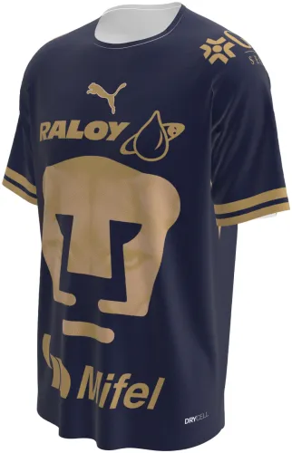 Camisa titular do Pumas UNAM 2026 - 2027 azul-marinho com a cara do puma em dourado, frente e costas