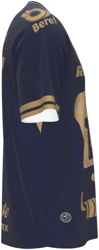 Camisa titular do Pumas UNAM 2026 - 2027 azul-marinho com a cara do puma em dourado, frente e costas