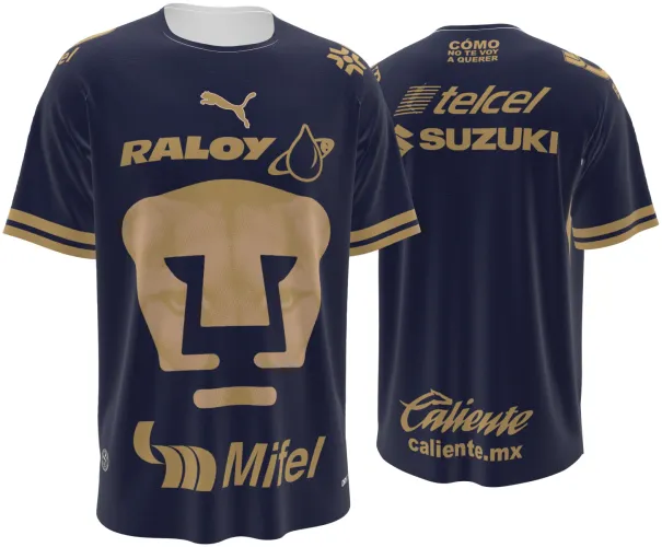 Camisa titular do Pumas UNAM 2026 - 2027 azul-marinho com a cara do puma em dourado, frente e costas