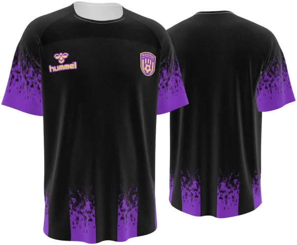Camisa preta e roxa do Racing de Veracruz, mockup com frente e costas juntas