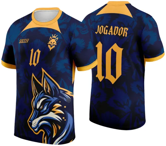 Camisa azul escura com grande raposa estilizada em azul e dourado na frente, número 10 e escudo de raposa com coroa em dourado; costas com padrão de raposas, número 10 e texto 'JOGADOR' em dourado, detalhes em dourado na gola e mangas.