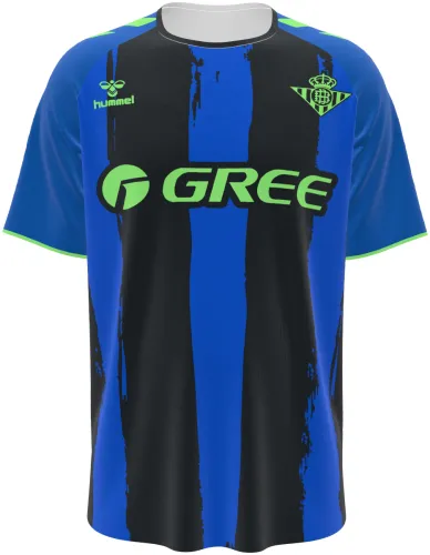 Camisa terceiro uniforme do Real Betis 2026 - 2027 azul e preta com listras pintadas, frente e costas