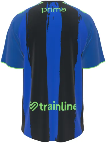 Camisa terceiro uniforme do Real Betis 2026 - 2027 azul e preta com listras pintadas, frente e costas