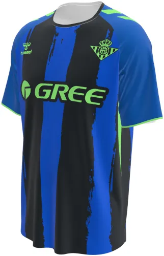 Camisa terceiro uniforme do Real Betis 2026 - 2027 azul e preta com listras pintadas, frente e costas