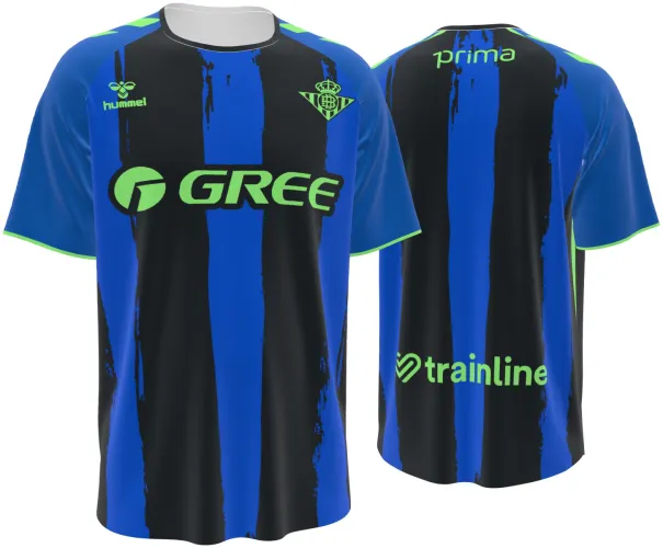 Camisa terceiro uniforme do Real Betis 2026 - 2027 azul e preta com listras pintadas, frente e costas