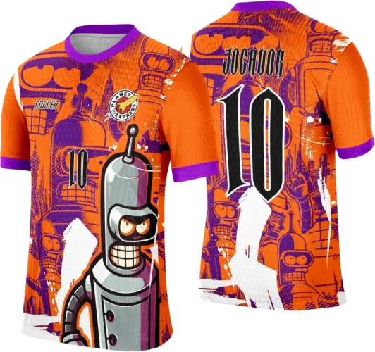 Camisa laranja e roxa com figura marcante do robô Bender na frente, número 10 em destaque, logo Planet Express e palavras Soccer e Jogador, com fundo de vários robôs em tons de roxo.