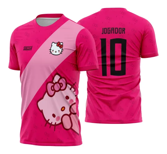 Camisa rosa com faixa diagonal clara na frente, Hello Kitty pequena no peito, personagem maior na parte inferior, fundo com lacinhos; costas rosa com lacinhos e texto preto JOGADOR 10 centralizado.