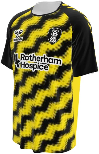 Camisa terceiro uniforme do Rotherham United 2026 - 2027 amarela e preta com ziguezague, frente e costas