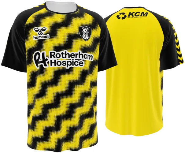 Camisa terceiro uniforme do Rotherham United 2026 - 2027 amarela e preta com ziguezague, frente e costas