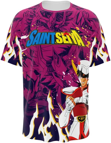 Camisa de interclasse Saint Seiya 2026 magenta com o Cavaleiro de Pégaso, frente e costas