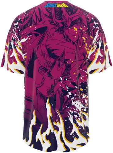Camisa de interclasse Saint Seiya 2026 magenta com o Cavaleiro de Pégaso, frente e costas