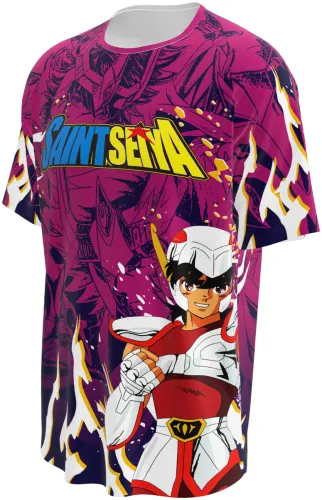 Camisa de interclasse Saint Seiya 2026 magenta com o Cavaleiro de Pégaso, frente e costas