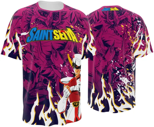 Camisa de interclasse Saint Seiya 2026 magenta com o Cavaleiro de Pégaso, frente e costas