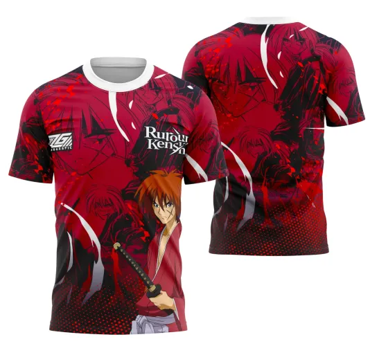 Camisa vermelha e preta com arte de samurai Ruroun Kenshin na frente segurando katana, textos 'Ruroun Kensin' e logo 'ZGauGraphic'; costas com múltiplos desenhos do samurai em traço preto e detalhes em degradê e linhas brancas.