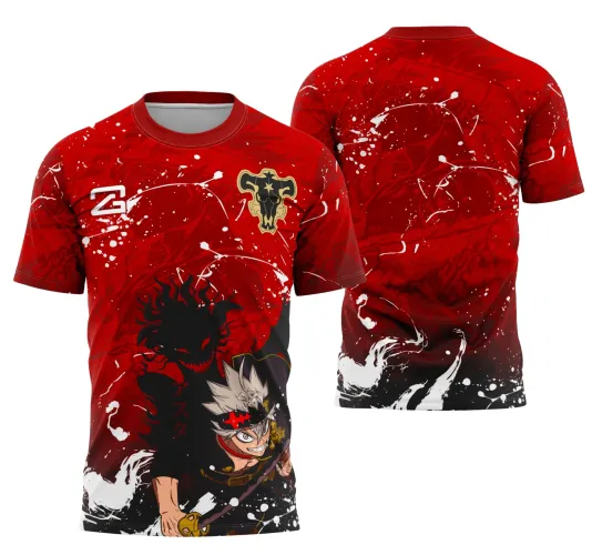 Camisa vermelha com personagem estilo anime de cabelo branco na frente, sombra demoníaca preta ao fundo, brasão de caveira de touro no peito, número 2 branco e texto vertical em vermelho, costas com degradê preto e manchas brancas.