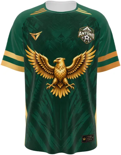 Camisa San Antonio verde e dourada, com águia dourada no peito, vista de frente e costas