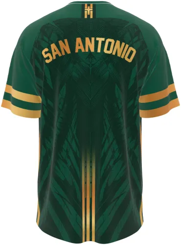 Camisa San Antonio verde e dourada, com águia dourada no peito, vista de frente e costas
