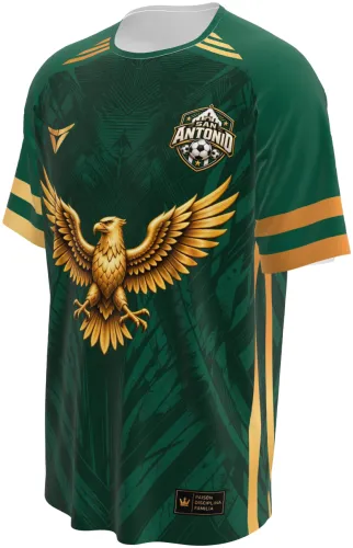 Camisa San Antonio verde e dourada, com águia dourada no peito, vista de frente e costas