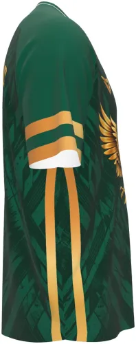 Camisa San Antonio verde e dourada, com águia dourada no peito, vista de frente e costas