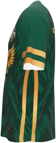 Camisa San Antonio verde e dourada, com águia dourada no peito, vista de frente e costas